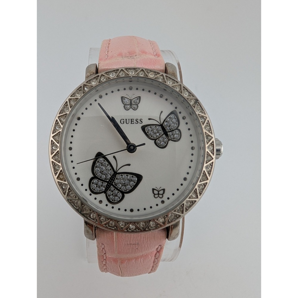 Guess Women's Watch Butterfly Dial Pave Bezel Pink Leather Band- New Battery - Picture 2 of 9